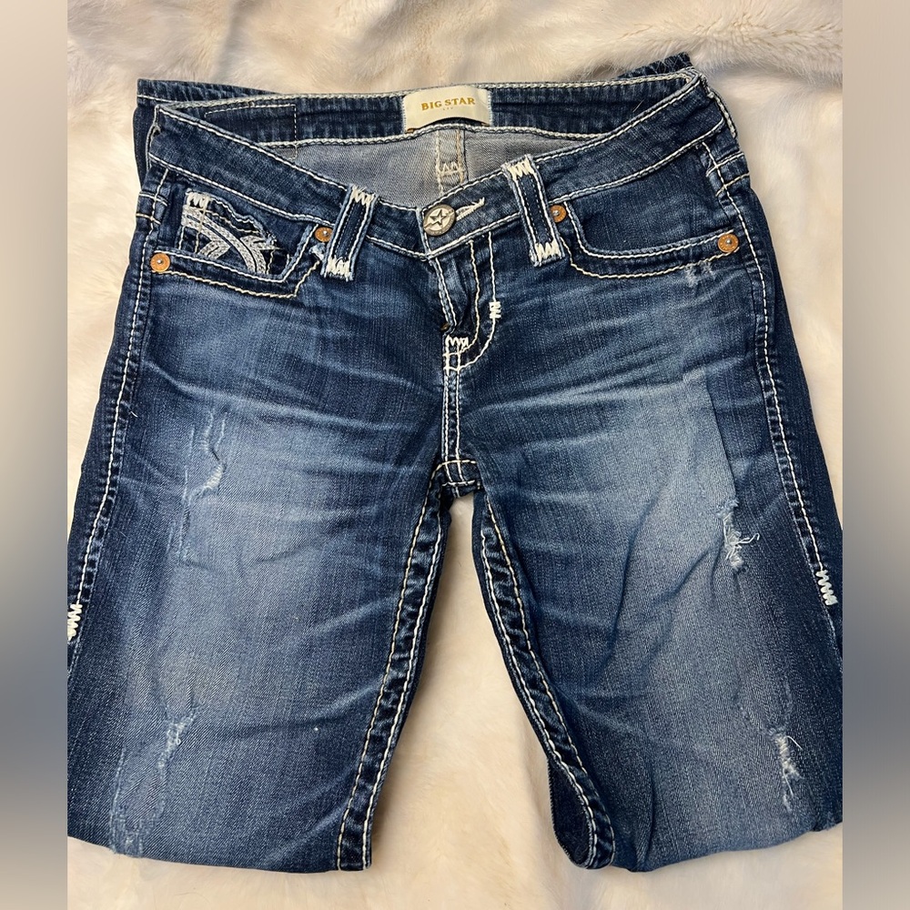 Big Star 25 Liv straight leg, dark, blue, distressed jeans